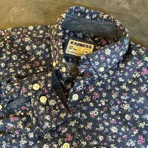 Express Slim Soft Wash Floral Print Button Down Shirt Blue Colorful Men's‎ Small